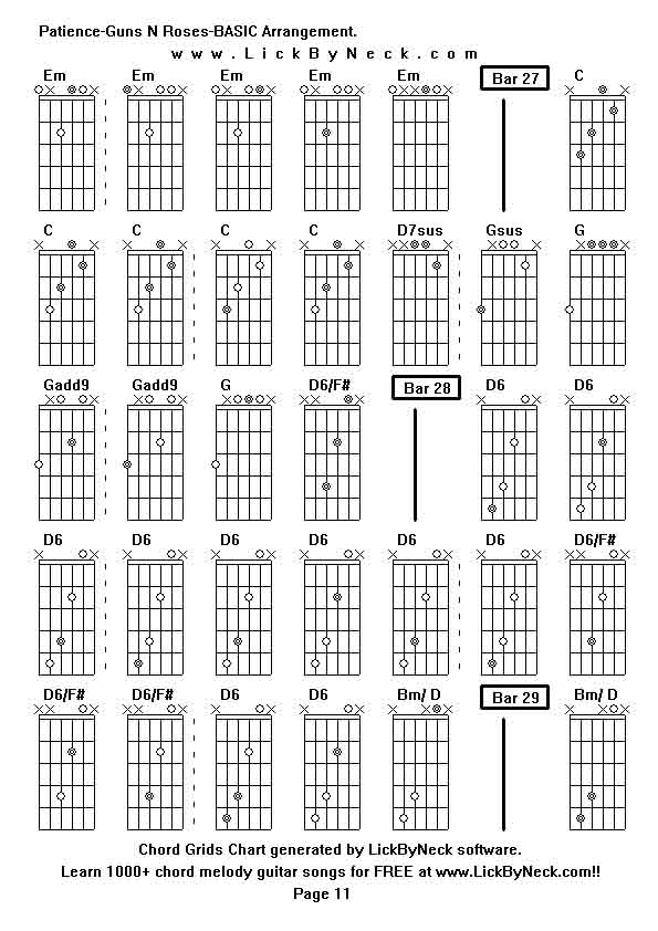 Chord Grids Chart of chord melody fingerstyle guitar song-Patience-Guns N Roses-BASIC Arrangement,generated by LickByNeck software.